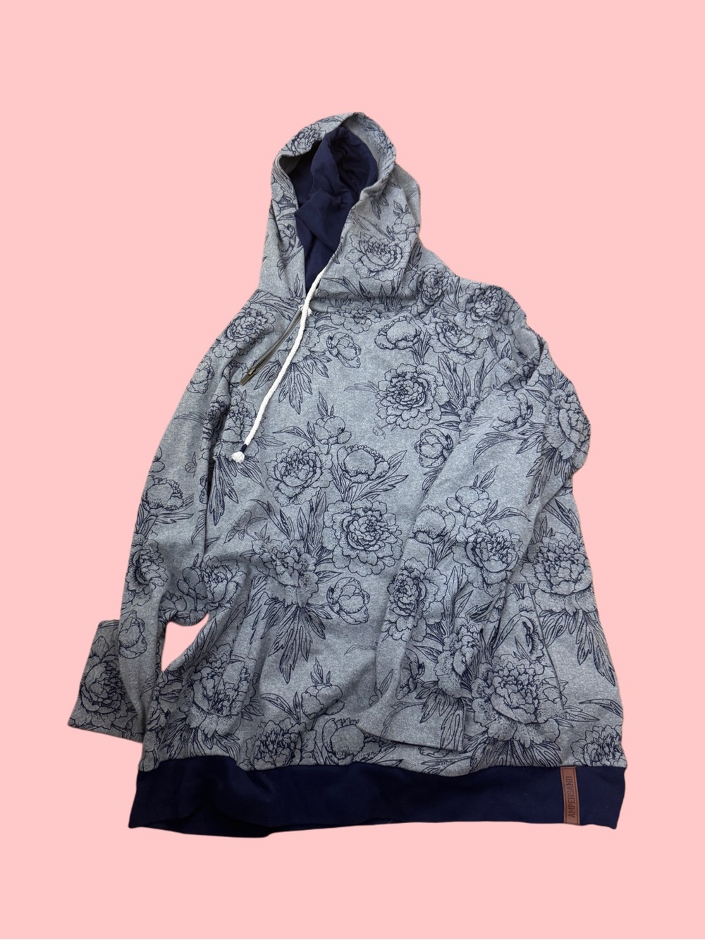 AMPERSAND AVE Gray Floral Hoodie with Navy Trim